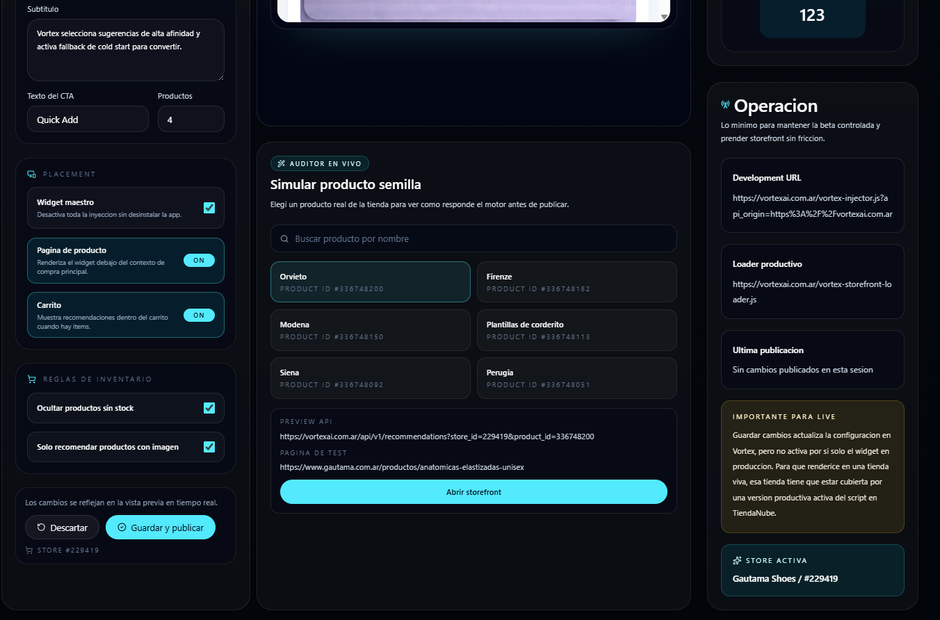 Auditor en vivo, operacion, URLs y estado de publicacion en el dashboard de Vortex.